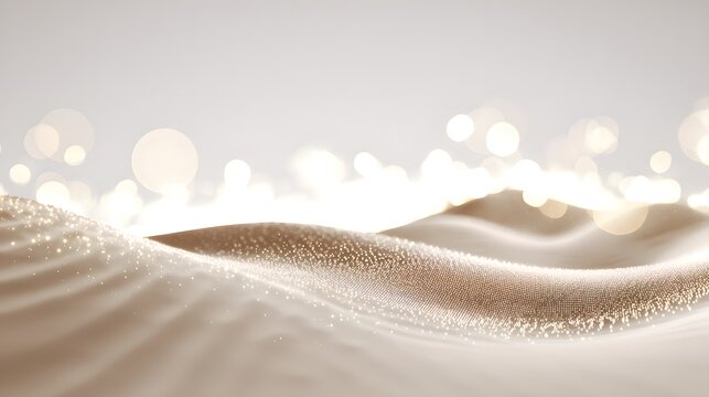 Luxury abstract background featuring soft beige undulating waves dusted with shimmering golden particle lights. Dynamic digital backdrop.