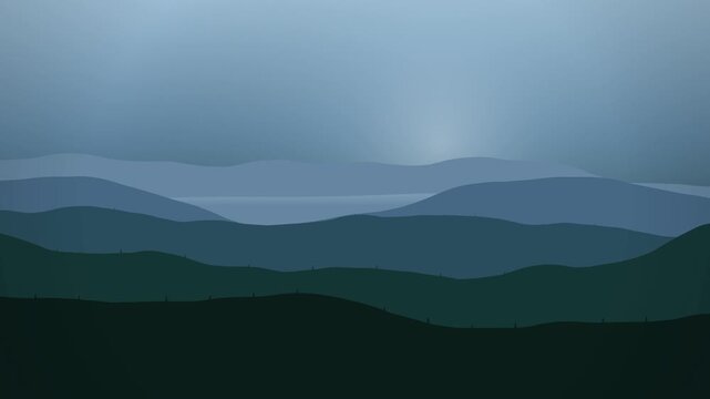 Layered mountain silhouette waves with parallax depth composition in misty blue and dark pine