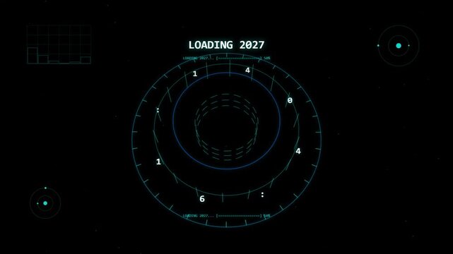 Futuristic digital loading interface with circular hud and data visualization technology