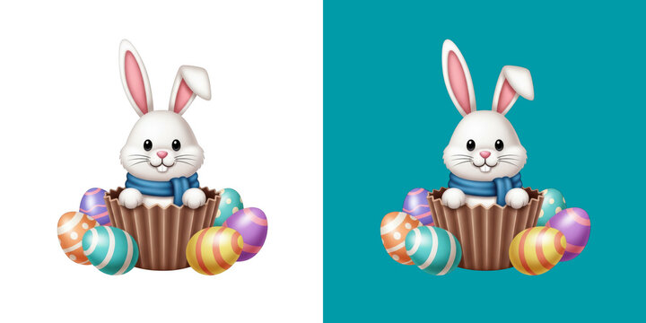 Cute cartoon bunny in a chocolate cup with easter eggs