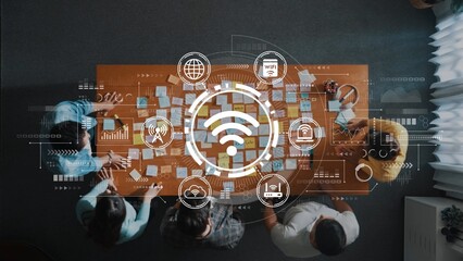 Collaborative Team Meeting with Digital Technology Overlays Showcasing Networking, Connectivity,...