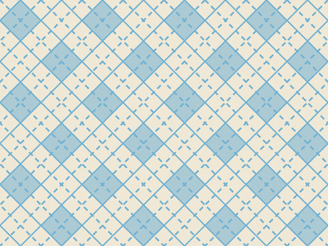 Geometric argyle pattern with interlocking diamond shapes in light blue and creamy off white lines for textile and wallpaper