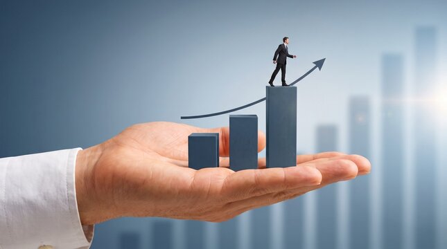 Hand holding small bar chart with tiny businessman figure climbing up growing graph representing financial success business growth career progression financial goal