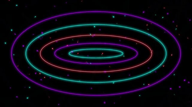 Neon glowing concentric ellipses background, with floating particles, abstract cyberpunk motion, for digital presentations, and vj loops