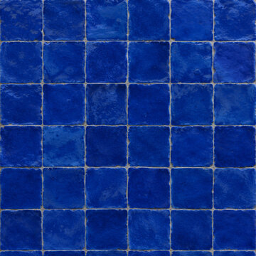 Handmade zellige tile wall in cobalt blue, glossy square ceramic mosaic with uneven artisan glaze, moroccan zellige tiles for kitchen backsplash and bathroom