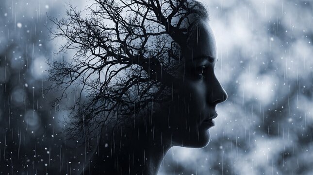 Double exposure silhouette of a woman and a leafless tree in the rain with rainy weather melancholy thoughtful atmosphere portrait artistic branches outdoors