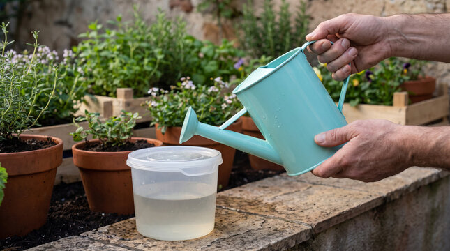 Hands prepare recovered rinse water for garden care