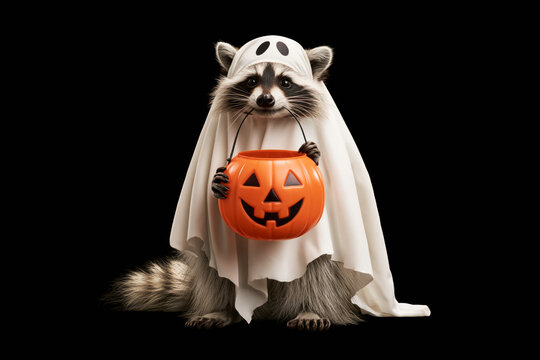 Cute raccoon wearing white ghost costume sitting inside carved Halloween pumpkin on black background