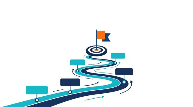 Roadmap infographic with a winding path and milestone markers leading to a target flag representing business goal progression.