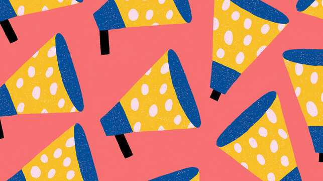 Colorful megaphones pattern on vibrant pink background, adding a playful touch.
