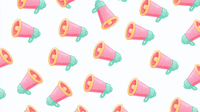 Colorful pattern of pink megaphones on a white background.