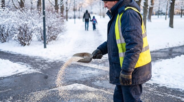 Winter worker treats a pedestrian route before school