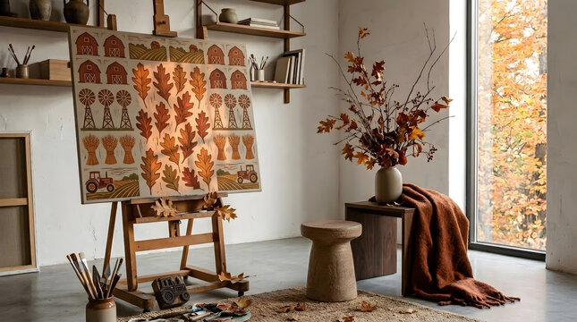 Creative art studio in autumn featuring a wooden easel with harvest artwork, paintbrushes, vase with dried leaves, and a large floor-to-ceiling window showing fall foliage outside