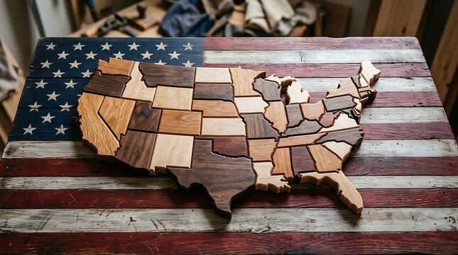 Wooden map of usa states on a rustic american flag background