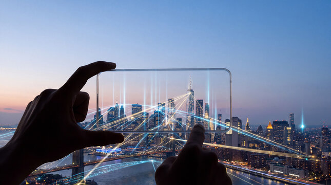 Hand silhouette cityscape bridge night ai driven insights with collaborative teamwork data assistant