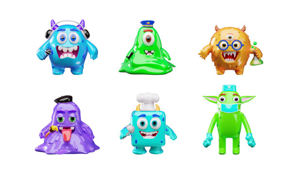 Cute 3D cartoon monster character element set