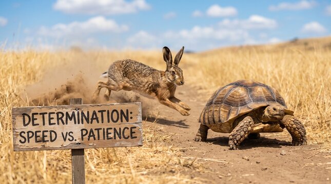 Hare racing a tortoise past a sign that reads determination speed versus patience with wild animal tortoise patience determination competition wildlife motivation