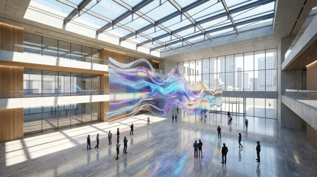 Glass atrium public art colorful sculpture modern interior digital artwork ai data driven insights with collaborative teamwork