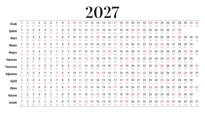 Turkish calendar 2027 for Turkey takvim, a linear, printable, yearly vector planner