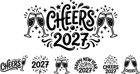 Fototapeta premium Floral ornament with champagne glasses and celebratory text for new year 2027
