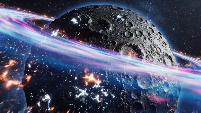 Futuristic moon surface with glowing lights surrounded by a vibrant, swirling energy field in space