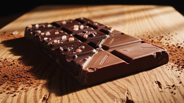 Delicious Dark Chocolate Bar with Sea Salt on a Wooden Surface, Close-up Food Photography