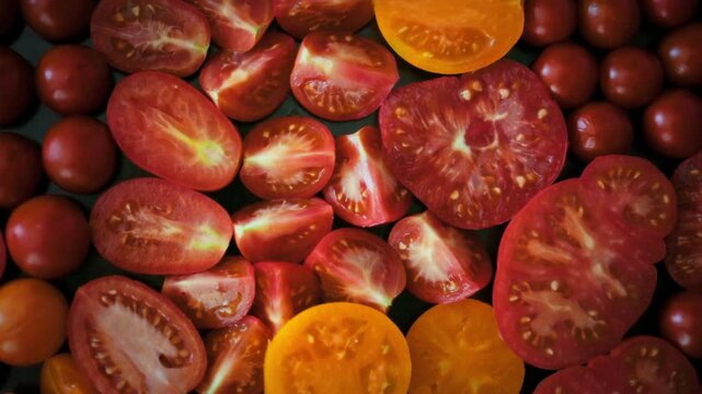 Freshly sliced tomato wedges in yellow and deep red shades arranged in close-up. Seeds and glistening juice visible. Autumn harvest of colorful organic tomatoes in seasonal variety