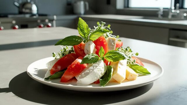 Fresh caprese salad with mozzarella, tomatoes, basil and microgreens on a white plate in a kitchen