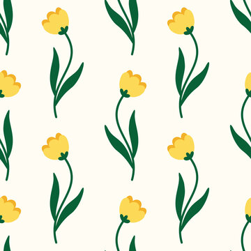 Cute Yellow Tulip Field Seamless Pattern Hand Drawn Botanical Floral Texture for Wallpaper and Decor