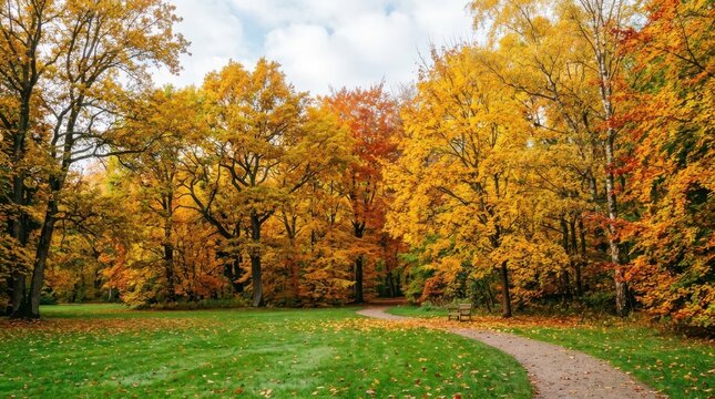 Serene park landscape with golden autumn trees and curved gravel walking path on green grass.