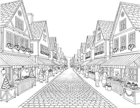 European Christmas Market Street, Black and White City Illustration
