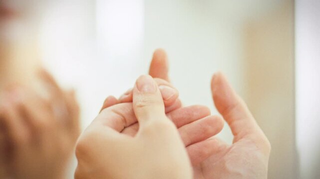Girl gently massages cuticle softener into her fingertips, swirling in circular motion as part of her nail care routine, softening cuticles enhancing nail beauty as part of her daily beauty regimen