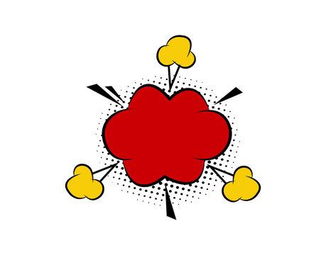 Blank comic explosion speech bubble with red burst, yellow smoke puffs and halftone dots in retro pop art style on transparent background, PNG.