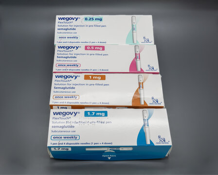 Wegovy Semaglutide Injection Pen Packaging Boxes Set Studio Shot
