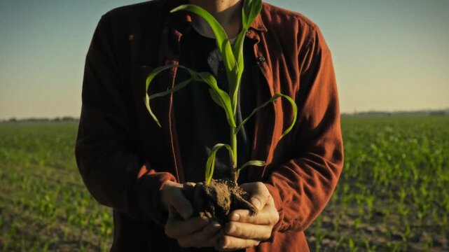 Growing a corn crop - a young farmer stands in an open field in the evening, carefully holding a young sprouted corn seedling. Concept of modern agriculture