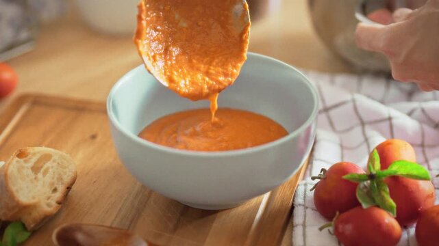 Hot homemade tomato soup poured into a bowl by a housewife using a metal ladle. Bread pieces and fresh tomatoes on the wooden table. Concept of organic home cooking and natural food