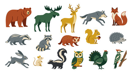 Obraz premium Cute forest animals vector collection featuring bear, moose, deer, wolf, fox, badger, raccoon, squirrel, hedgehog, rabbit, owl, and birds