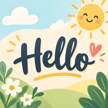 Hello Summer Cute Cartoon Illustration with Smiling Sun, Clouds, Flowers and Green Hills