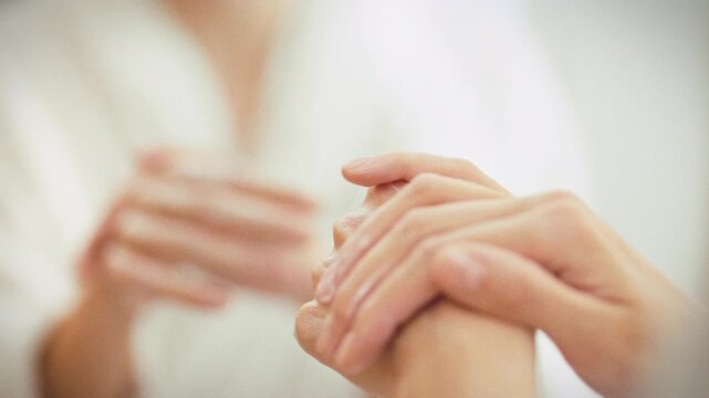 In a bathroom, a girl in a white robe gently massages a rich moisturizer into her hands, nourishing her skin with soothing strokes in front of the mirror, exemplifying daily hand care and hydration