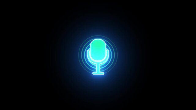 Neon glowing microphone with pulsing sound waves animation for podcast and audio branding