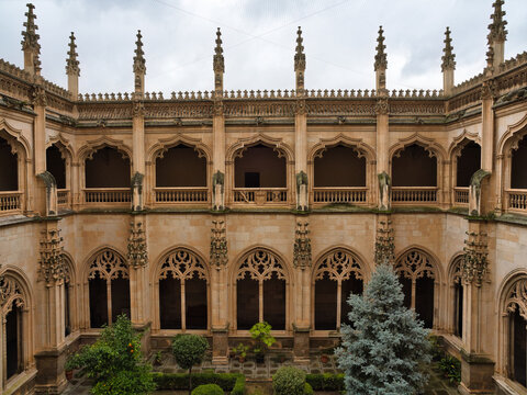 Ornate Cloister Courtyard Architecture - Elevated view of a historic cloister courtyard featuring intricate Gothic and Plateresque architecture with detailed stone carvings, arches,