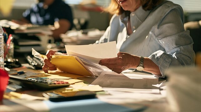 Benefits Coordinator Sorting Envelopes and Documents at an Office Desk