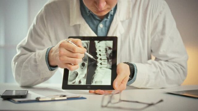 In a medical exam room, the doctor displays spine X-ray images on a tablet for the patient, pointing to the problem area and explaining the condition's key features to aid understanding
