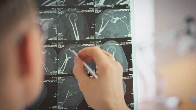 In a well-lit medical office, a doctor carefully reviews MRI and X-ray scans, highlighting injury hotspots by zooming into close-up images, demonstrating precise analysis for accurate diagnosis