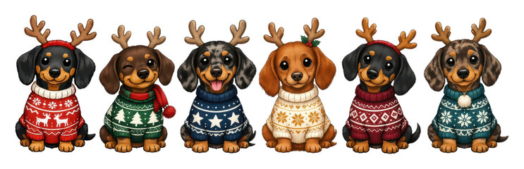Obraz premium PNG Festive dachshund dogs wearing Christmas sweaters
