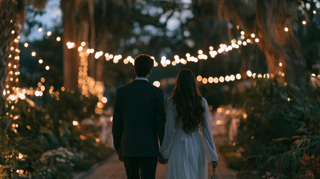 Couple Walking Together Under String Lights In A Decorated Garden, Soft Golden Hour Light, Shot On 85mm Lens, Shallow Depth Of Field, Cool Muted Blue-Gray Palette, Photorealistic, Ultra-Detailed