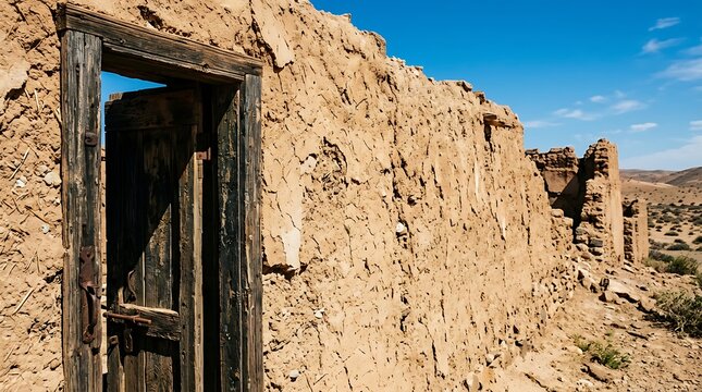Old mud house with wooden door under bright blue sky