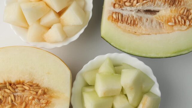 Fresh cantaloupe and honeydew melon slices in bowls