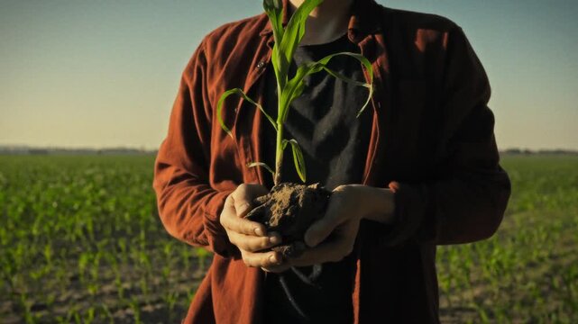 In an industrial field in the evening, a young farmer carefully holds a sprouted corn seedling. Concept of organic farming, caring for the land and the future harvest