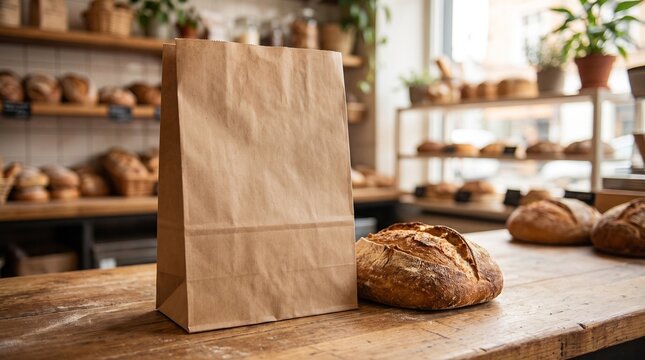 Brown paper bag standing on a wooden bakery counter with fresh artisan bread loaves nearby